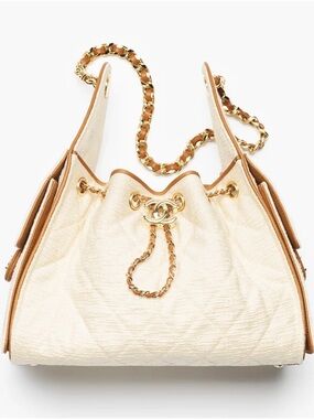 CHANEL Ivory and Tan Chain-Trim Drawstring Shoulder Bag